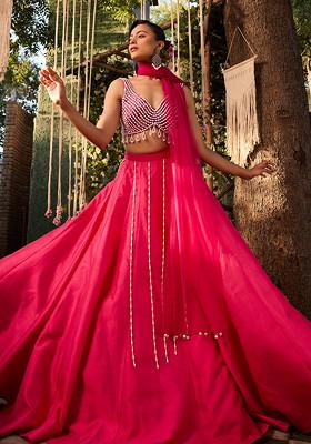 Pink Hand Embroidered Lehenga Set With Blouse And Dupatta