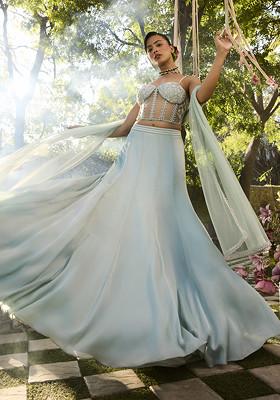 Blue Hand Embroidered Lehenga Set With Blouse And Dupatta