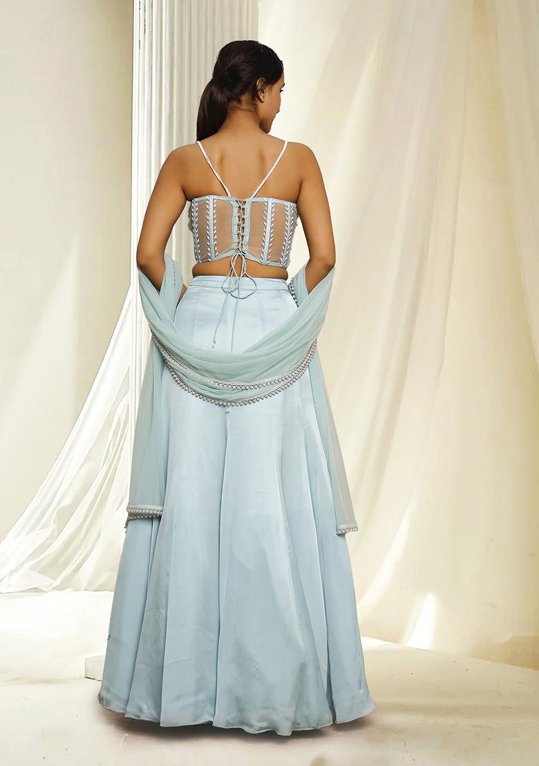 Blue Hand Embroidered Lehenga Set With Blouse And Dupatta