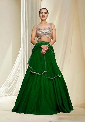 Green Hand Embroidered Lehenga Set With Blouse And Dupatta