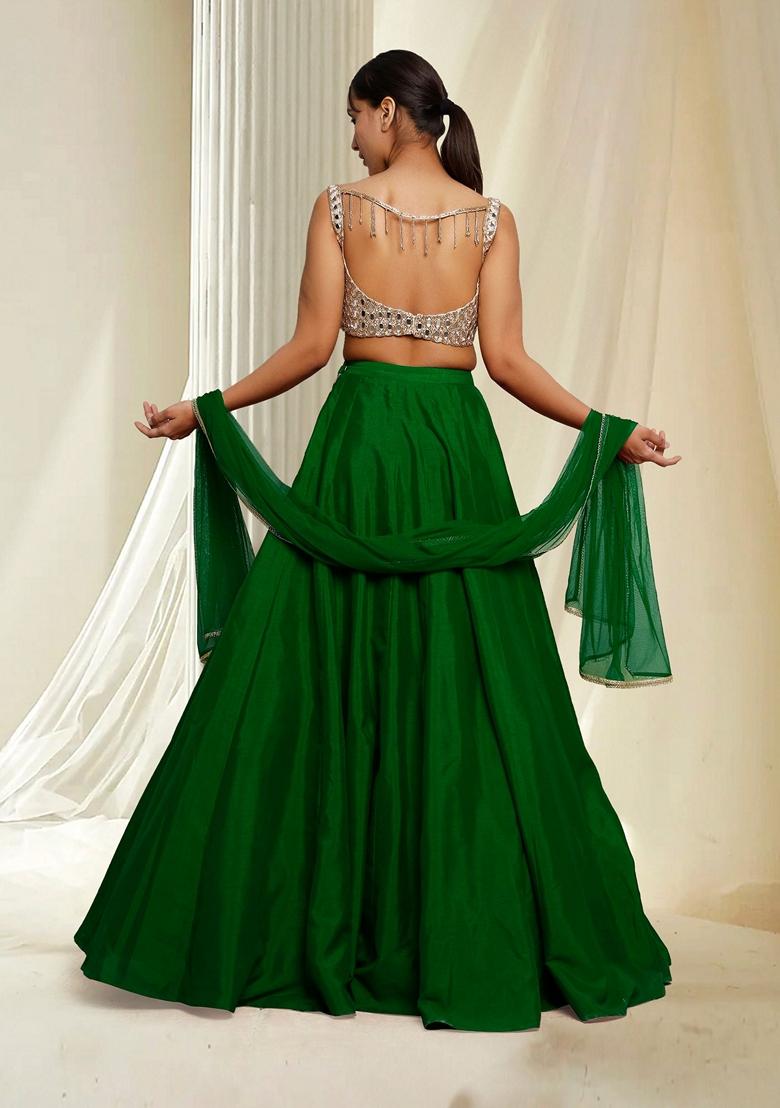 Green Hand Embroidered Lehenga Set With Blouse And Dupatta