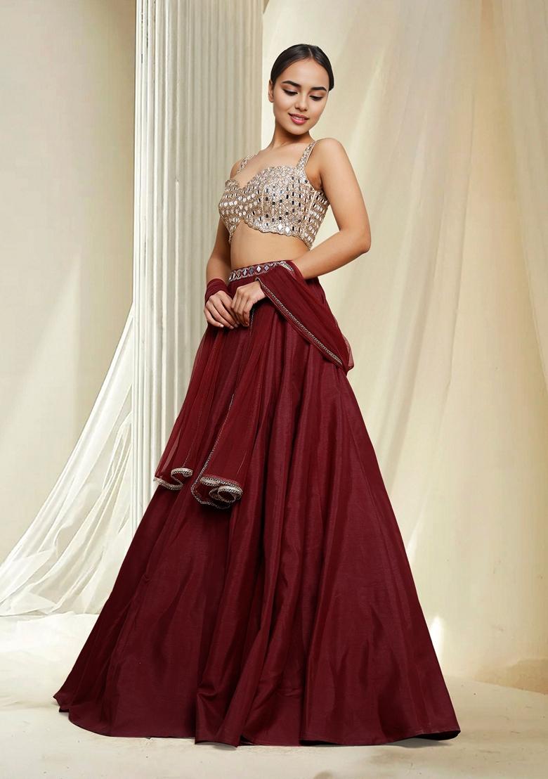 Maroon Hand Embroidered Lehenga Set With Blouse And Dupatta