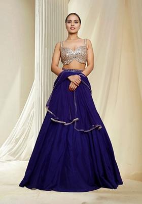Blue Hand Embroidered Lehenga Set With Blouse And Dupatta