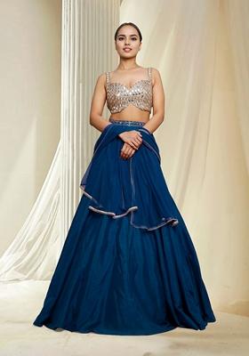Blue Hand Embroidered Lehenga Set With Blouse And Dupatta