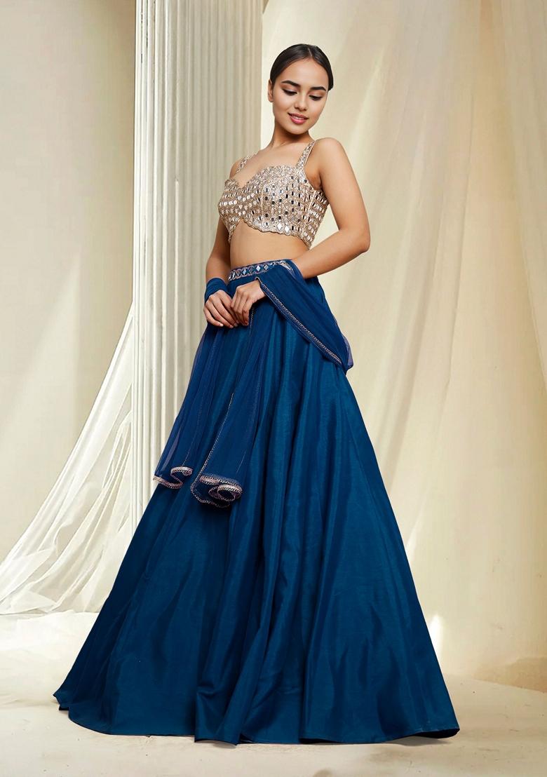 Blue Hand Embroidered Lehenga Set With Blouse And Dupatta