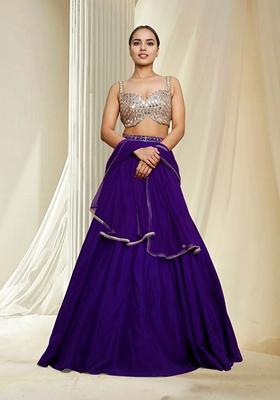 Purple Hand Embroidered Lehenga Set With Blouse And Dupatta