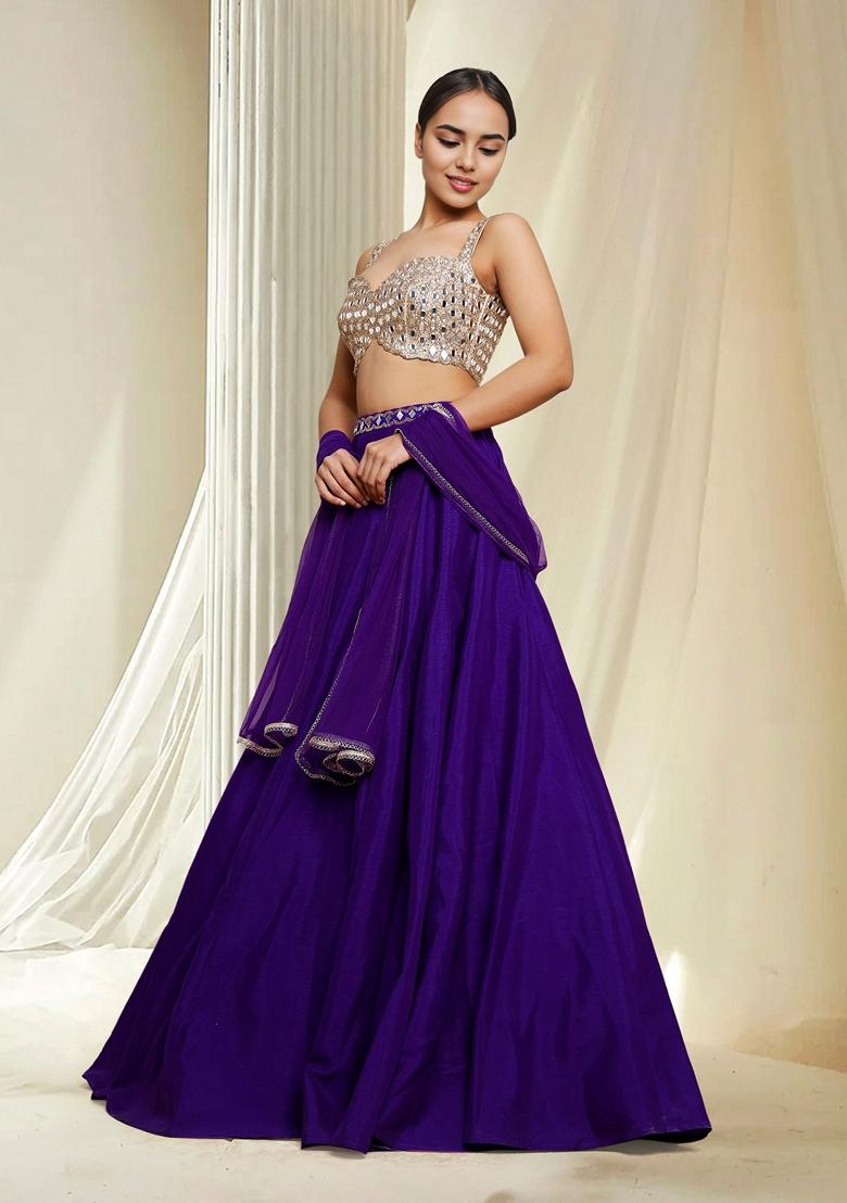 Purple Hand Embroidered Lehenga Set With Blouse And Dupatta