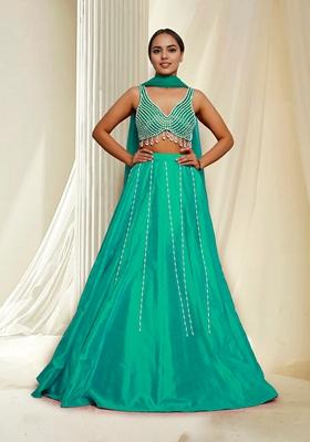 Green Hand Embroidered Lehenga Set With Blouse And Dupatta