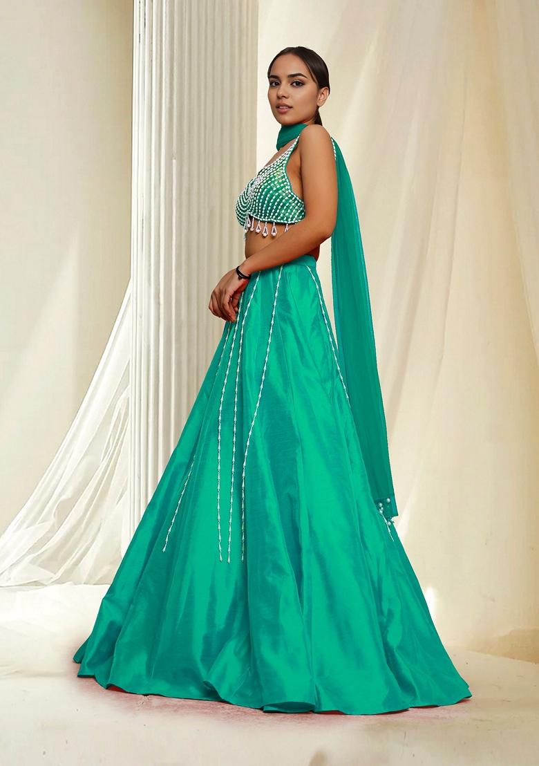 Green Hand Embroidered Lehenga Set With Blouse And Dupatta