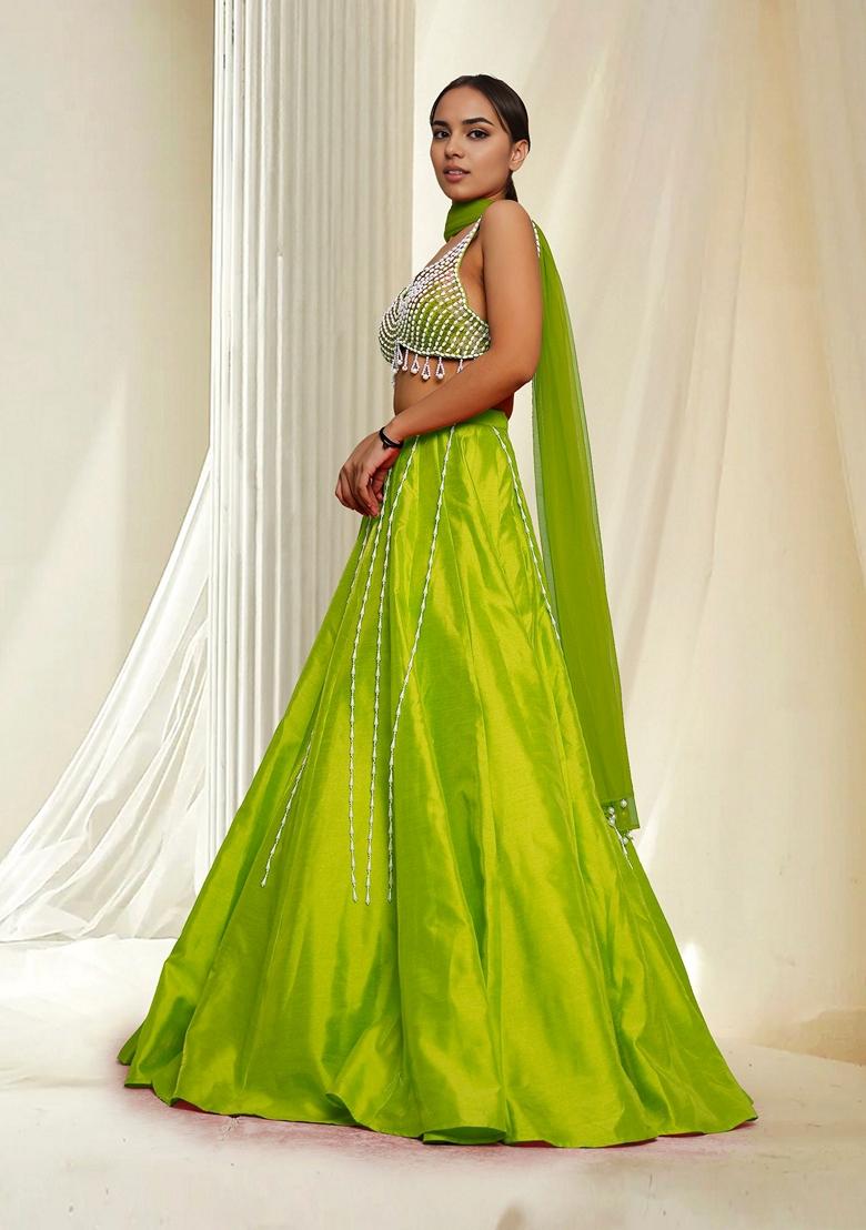 Green Hand Embroidered Lehenga Set With Blouse And Dupatta