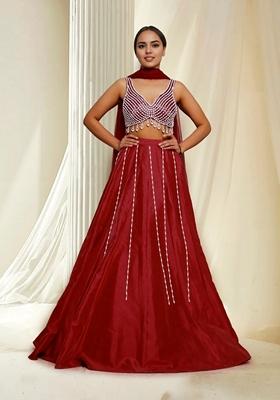 Red Hand Embroidered Lehenga Set With Blouse And Dupatta