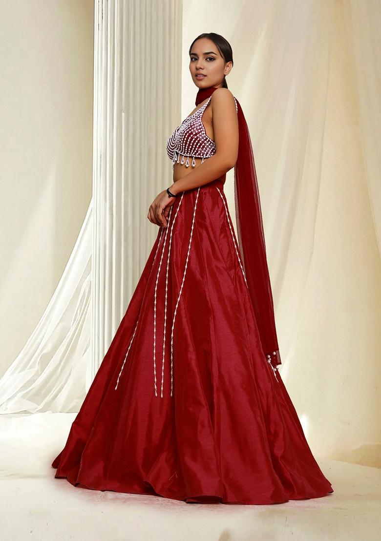 Red Hand Embroidered Lehenga Set With Blouse And Dupatta