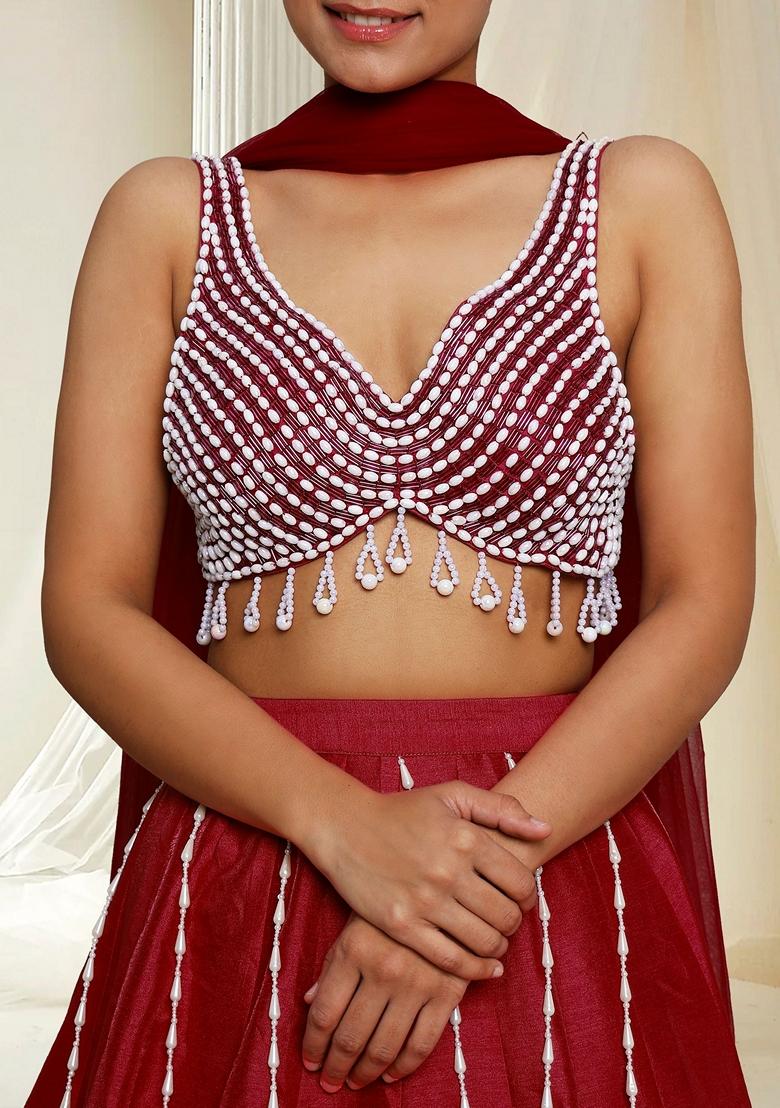 Red Hand Embroidered Lehenga Set With Blouse And Dupatta