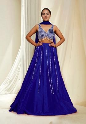 Blue Hand Embroidered Lehenga Set With Blouse And Dupatta