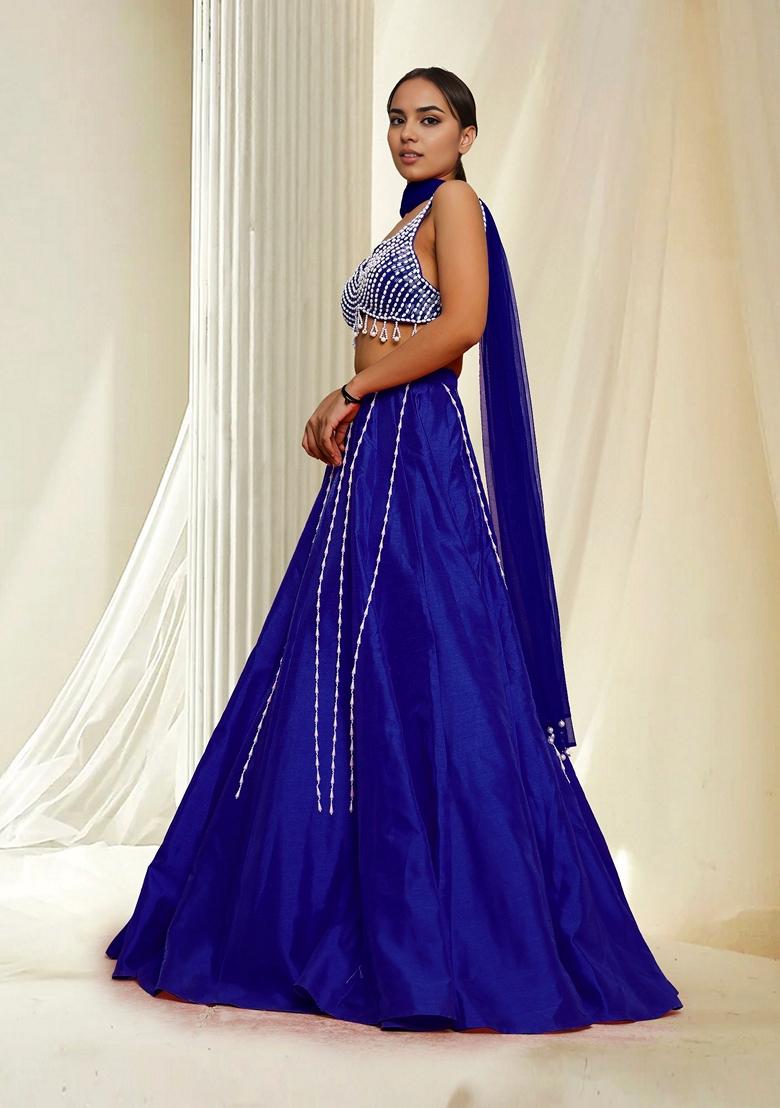 Blue Hand Embroidered Lehenga Set With Blouse And Dupatta