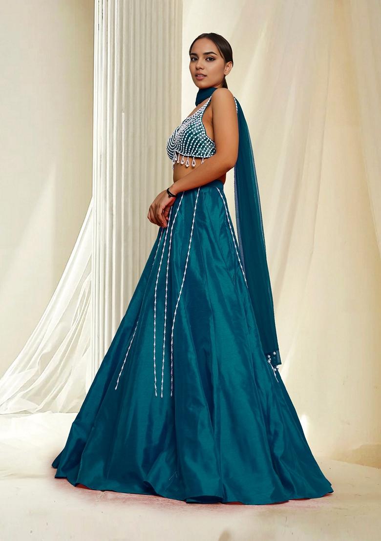 Teal Hand Embroidered Lehenga Set With Blouse And Dupatta