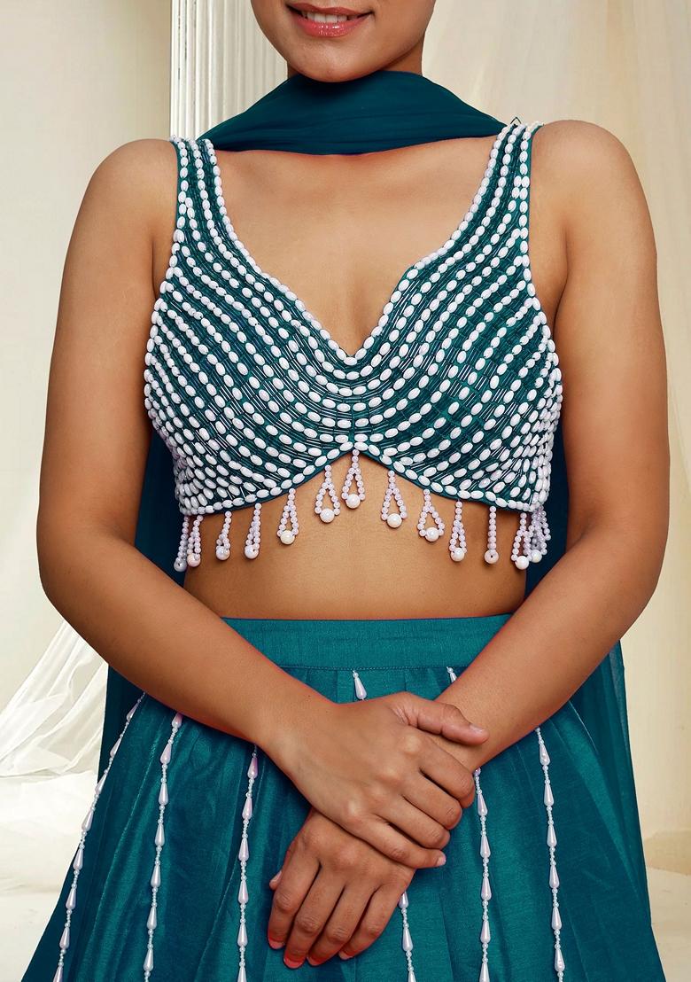 Teal Hand Embroidered Lehenga Set With Blouse And Dupatta