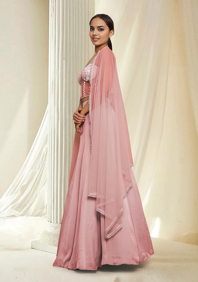 Peach Hand Embroidered Lehenga Set With Blouse And Dupatta