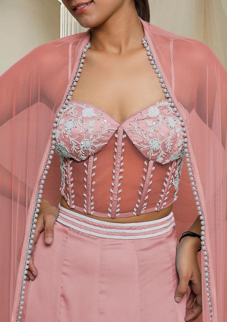 Peach Hand Embroidered Lehenga Set With Blouse And Dupatta