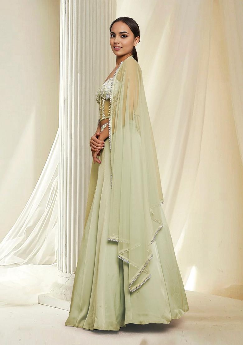 Olive Green Hand Embroidered Lehenga Set With Blouse And Dupatta