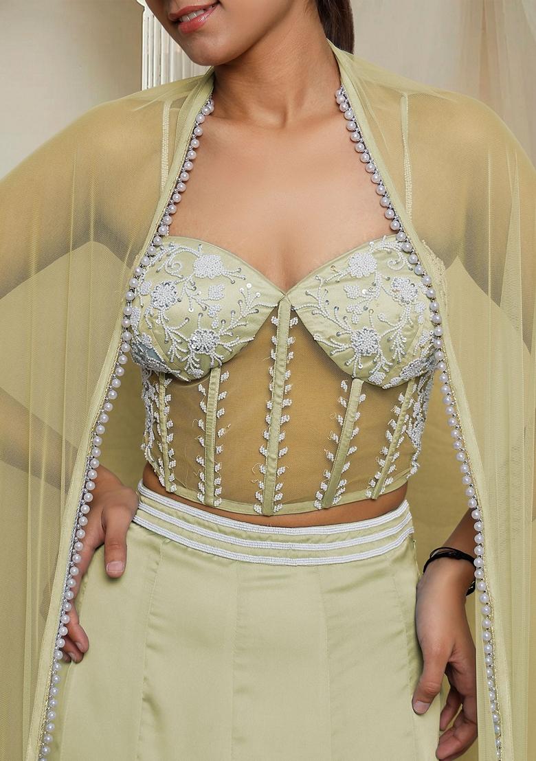 Olive Green Hand Embroidered Lehenga Set With Blouse And Dupatta