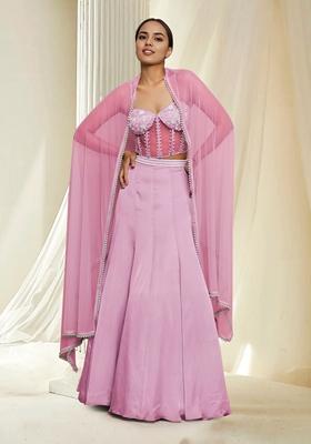 Pink Hand Embroidered Lehenga Set With Blouse And Dupatta
