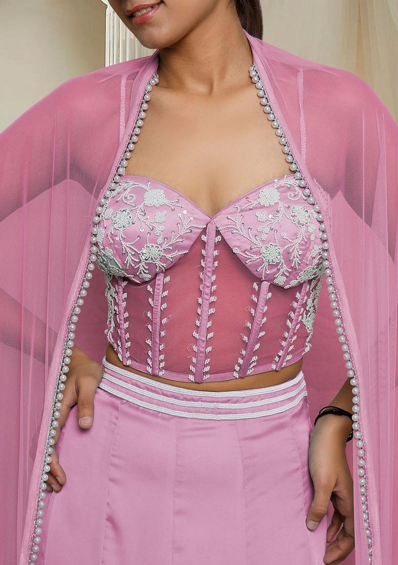 Pink Hand Embroidered Lehenga Set With Blouse And Dupatta