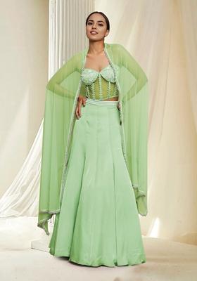 Green Hand Embroidered Lehenga Set With Blouse And Dupatta