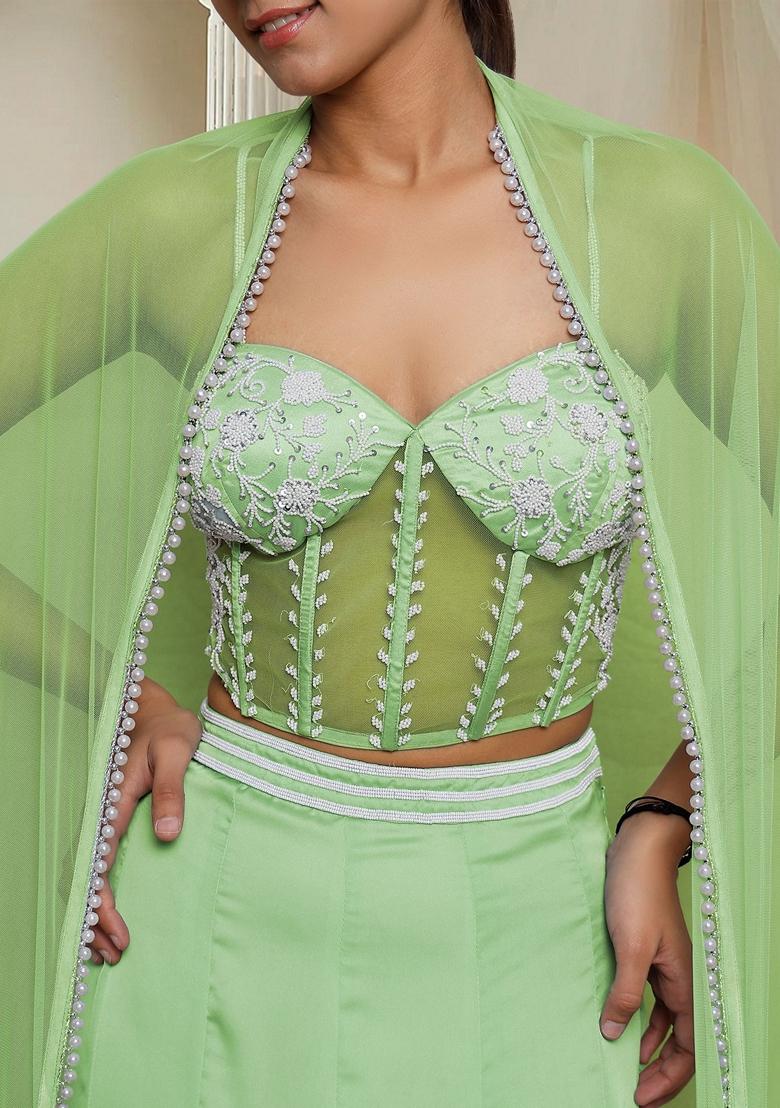 Green Hand Embroidered Lehenga Set With Blouse And Dupatta