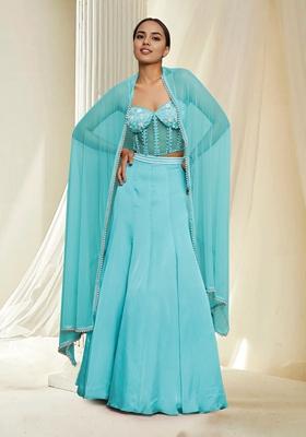 Blue Hand Embroidered Lehenga Set With Blouse And Dupatta
