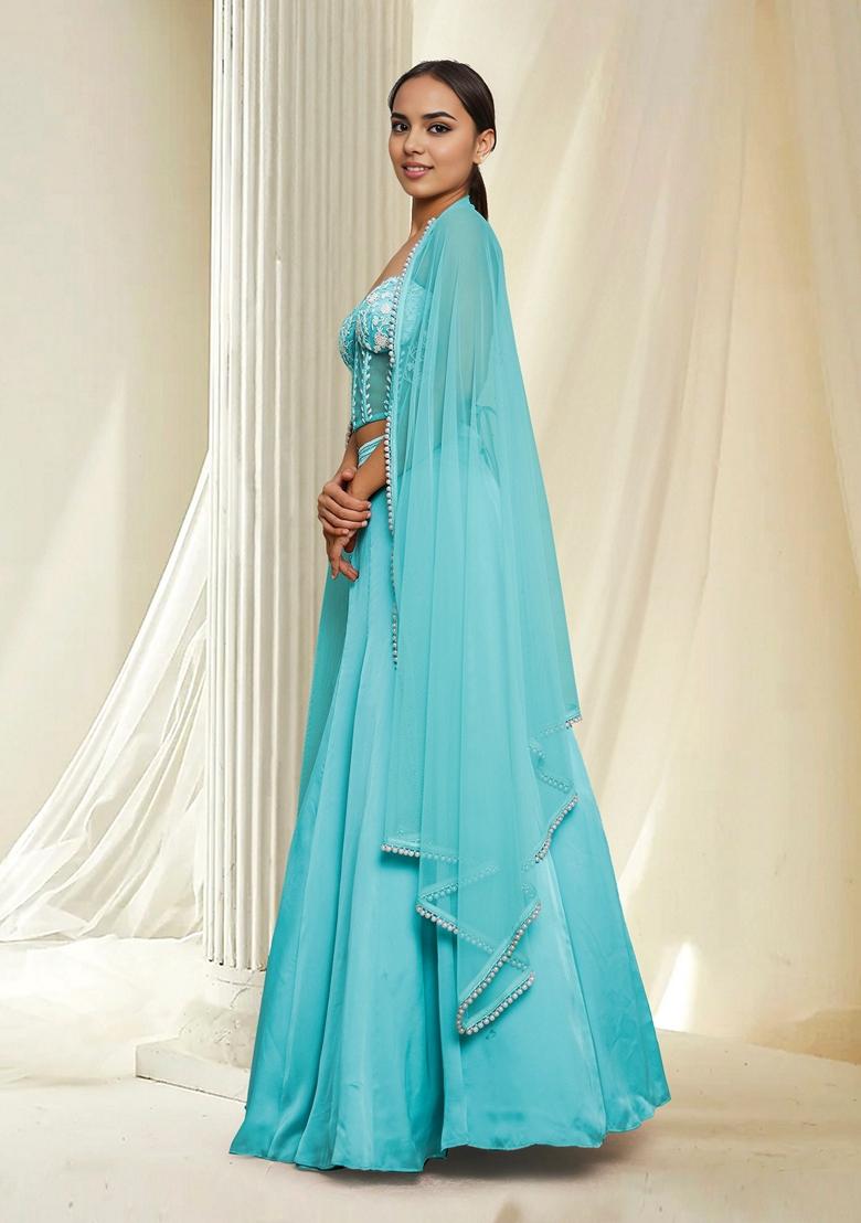 Blue Hand Embroidered Lehenga Set With Blouse And Dupatta