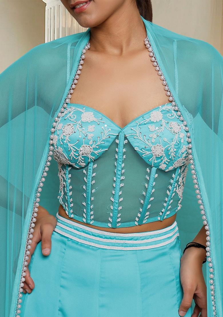 Blue Hand Embroidered Lehenga Set With Blouse And Dupatta