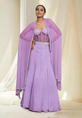 Purple Hand Embroidered Lehenga Set With Blouse And Dupatta