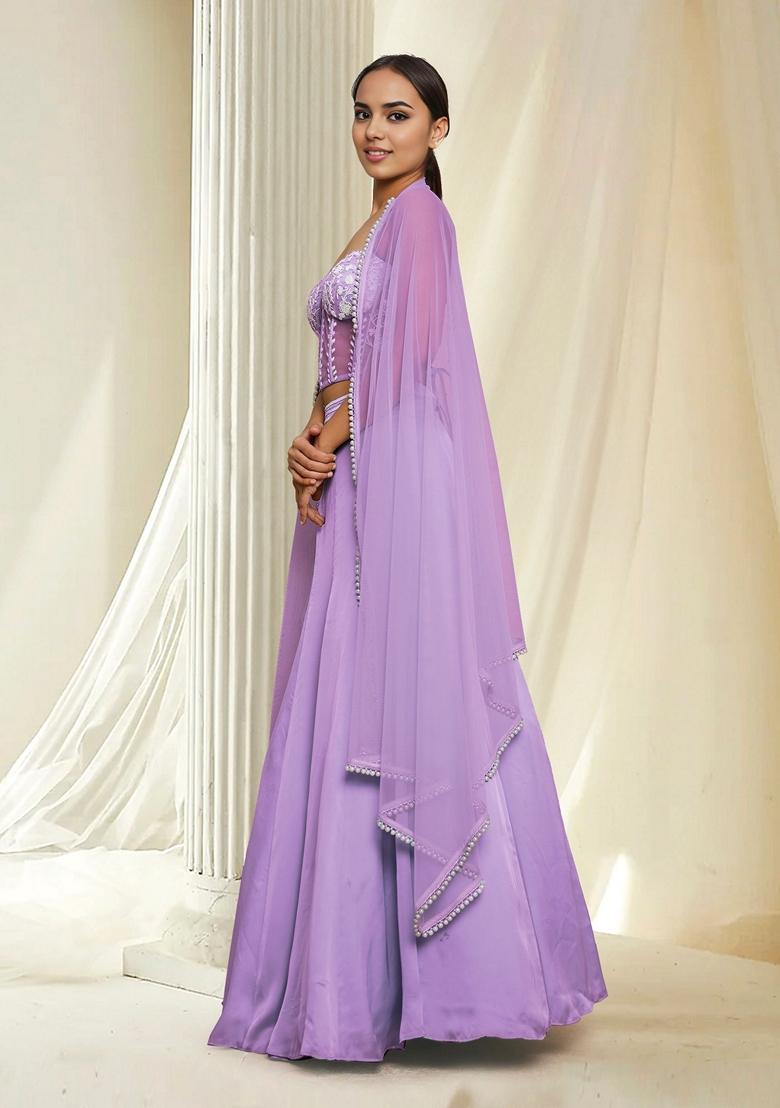 Purple Hand Embroidered Lehenga Set With Blouse And Dupatta