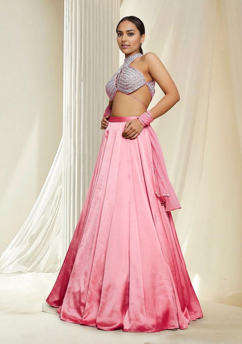 Pink Hand Embroidered Lehenga Set With Blouse And Dupatta