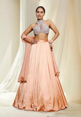 Peach Hand Embroidered Lehenga Set With Blouse And Dupatta