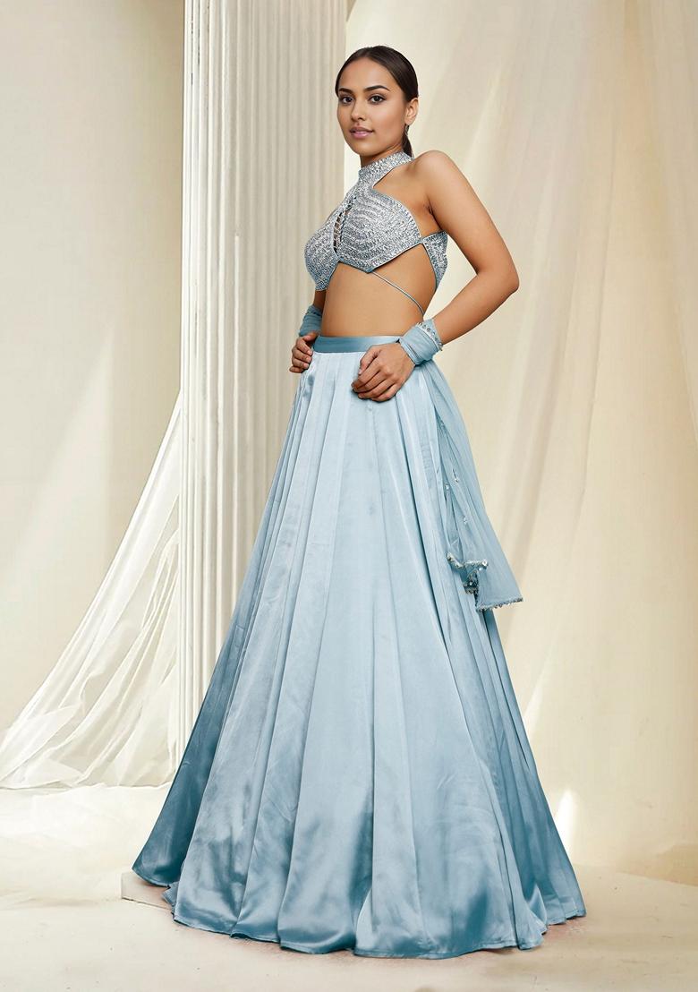 Blue Hand Embroidered Lehenga Set With Blouse And Dupatta