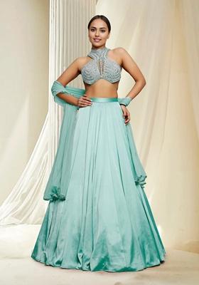 Green Hand Embroidered Lehenga Set With Blouse And Dupatta