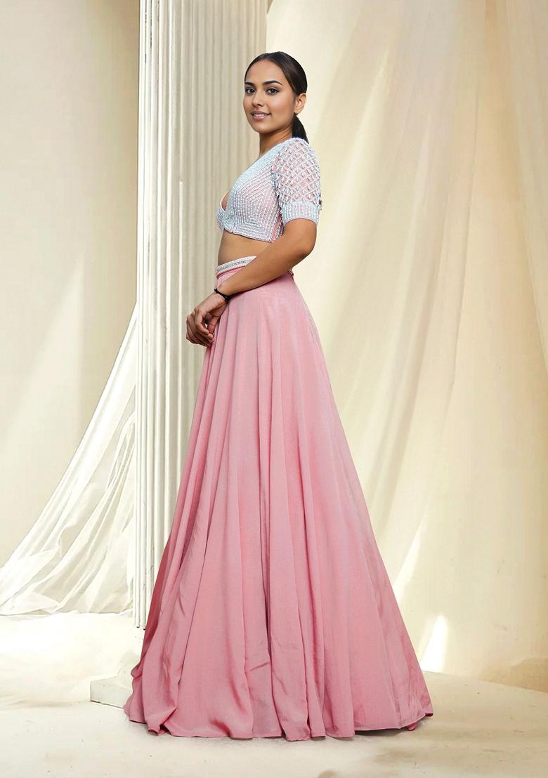Pink Hand Embroidered Lehenga Set With Blouse And Dupatta