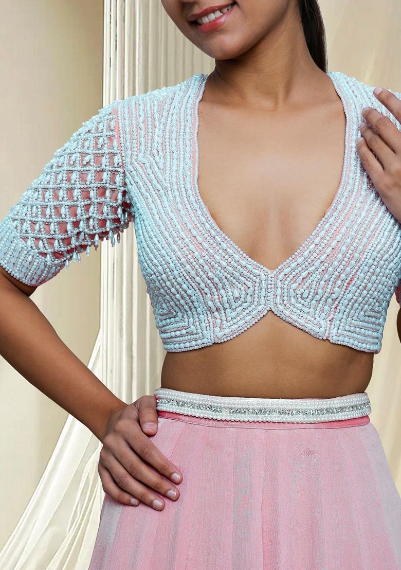 Pink Hand Embroidered Lehenga Set With Blouse And Dupatta