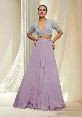 Purple Hand Embroidered Lehenga Set With Blouse And Dupatta