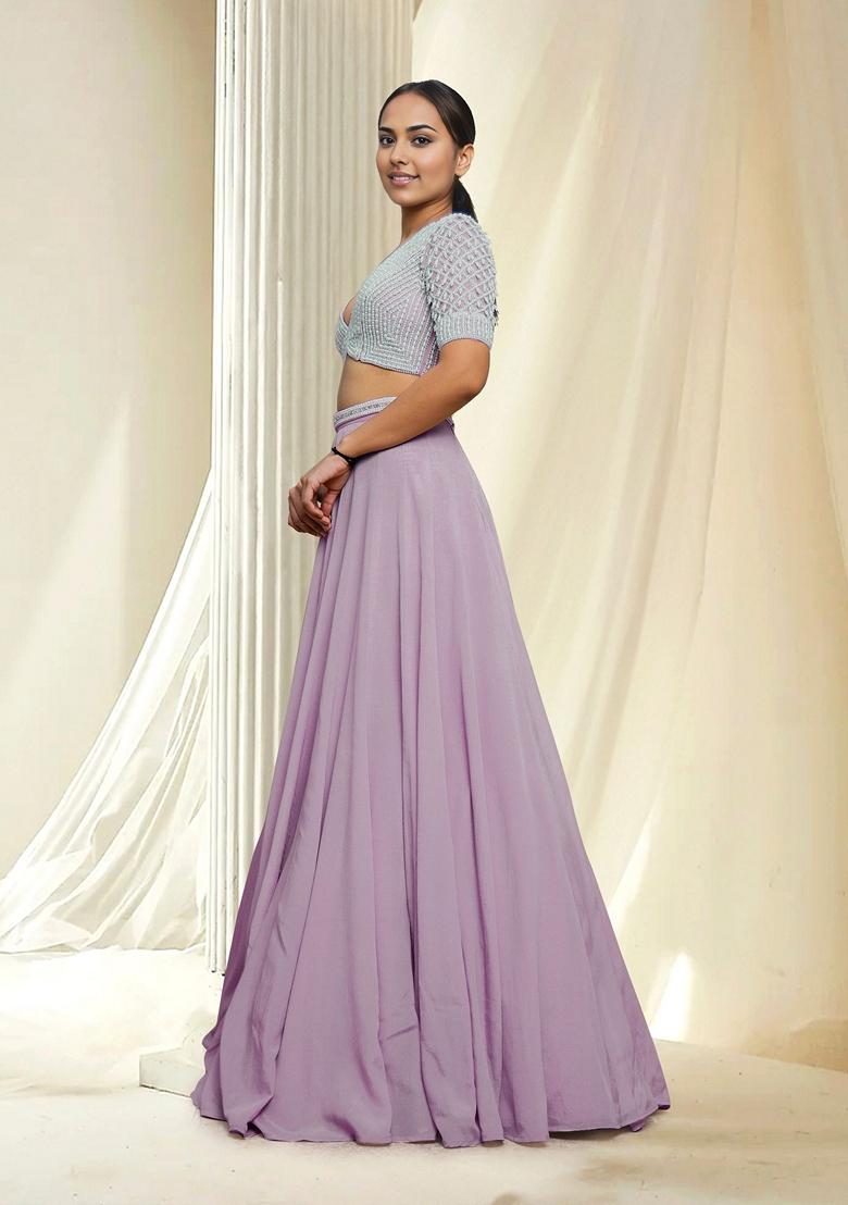 Purple Hand Embroidered Lehenga Set With Blouse And Dupatta