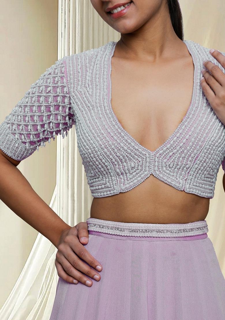 Purple Hand Embroidered Lehenga Set With Blouse And Dupatta