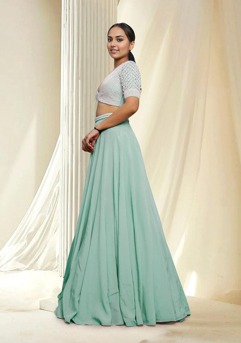 Green Hand Embroidered Lehenga Set With Blouse And Dupatta