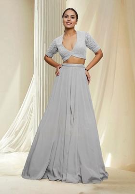 Grey Hand Embroidered Lehenga Set With Blouse And Dupatta