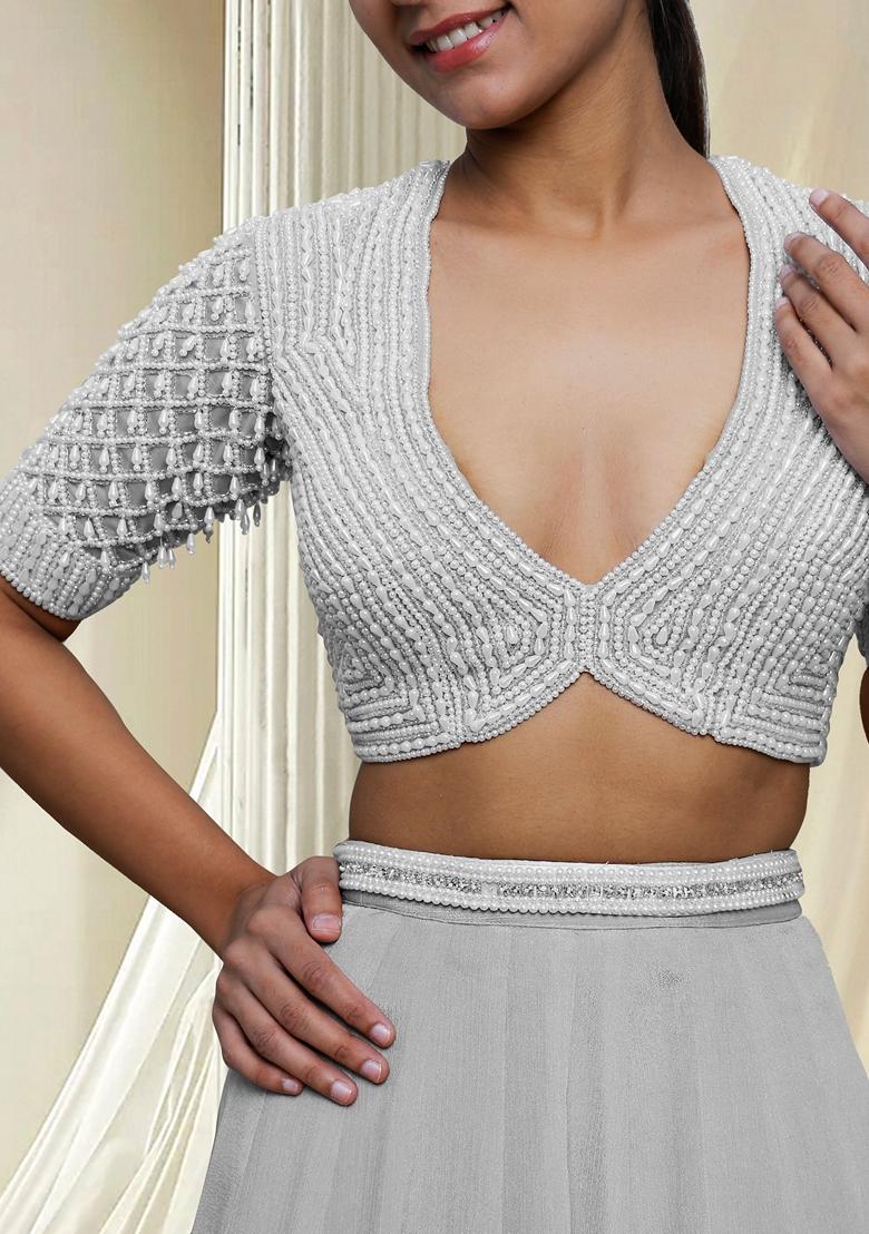 Grey Hand Embroidered Lehenga Set With Blouse And Dupatta