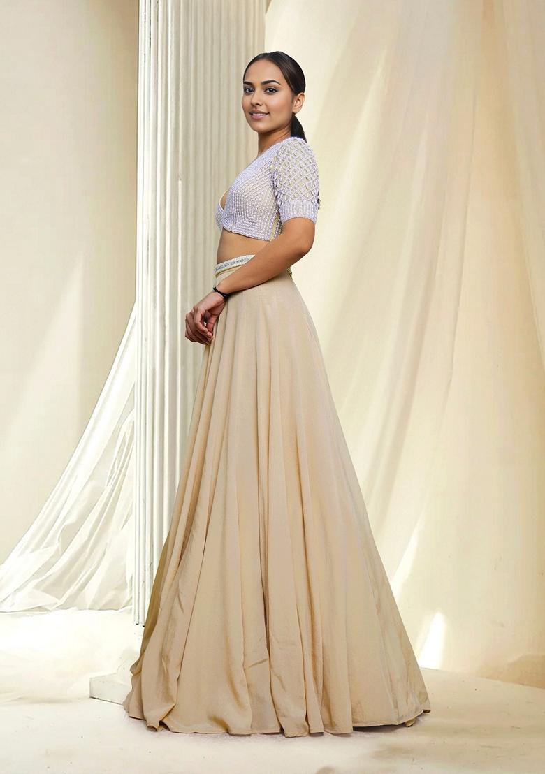 Beige Hand Embroidered Lehenga Set With Blouse And Dupatta