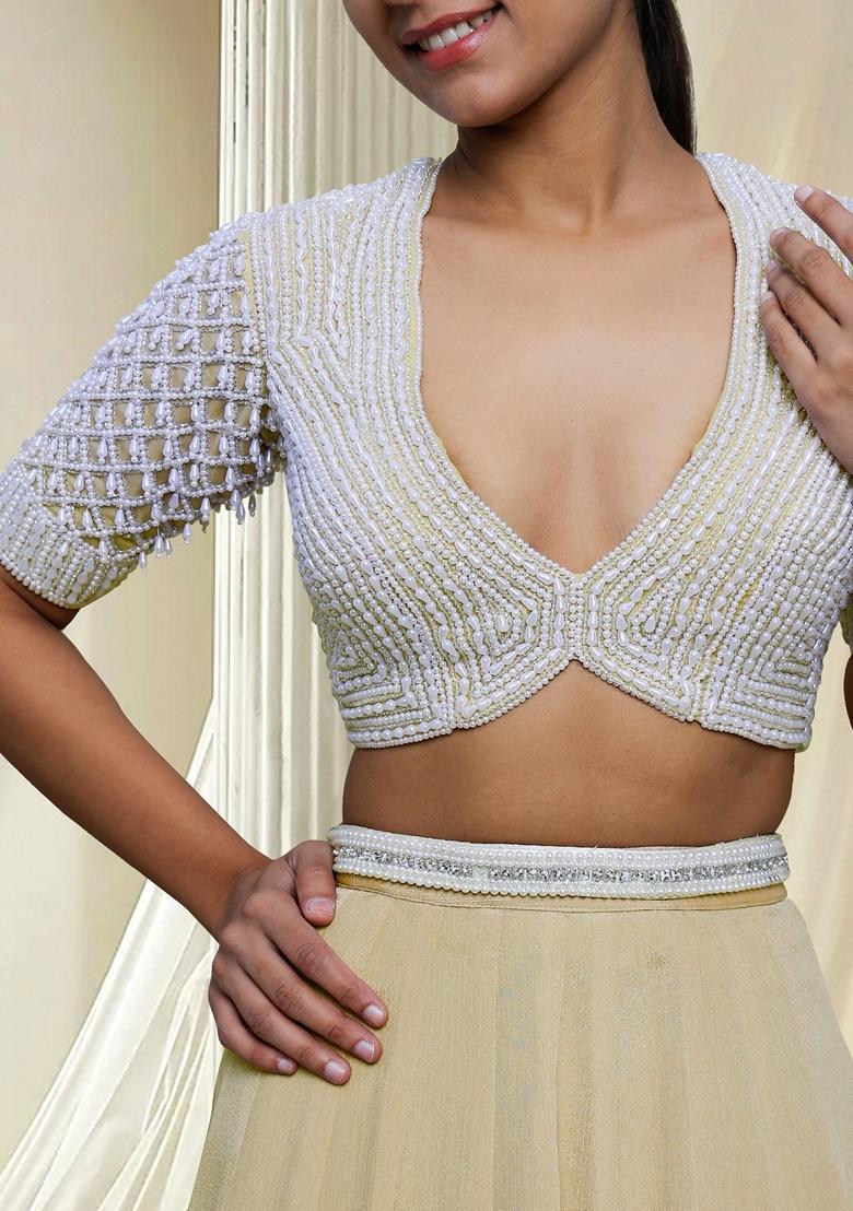 Beige Hand Embroidered Lehenga Set With Blouse And Dupatta