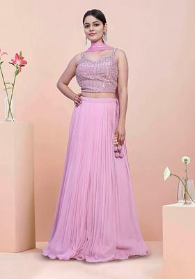 Pink Lehenga Set With Hand Embroidered Blouse And Dupatta