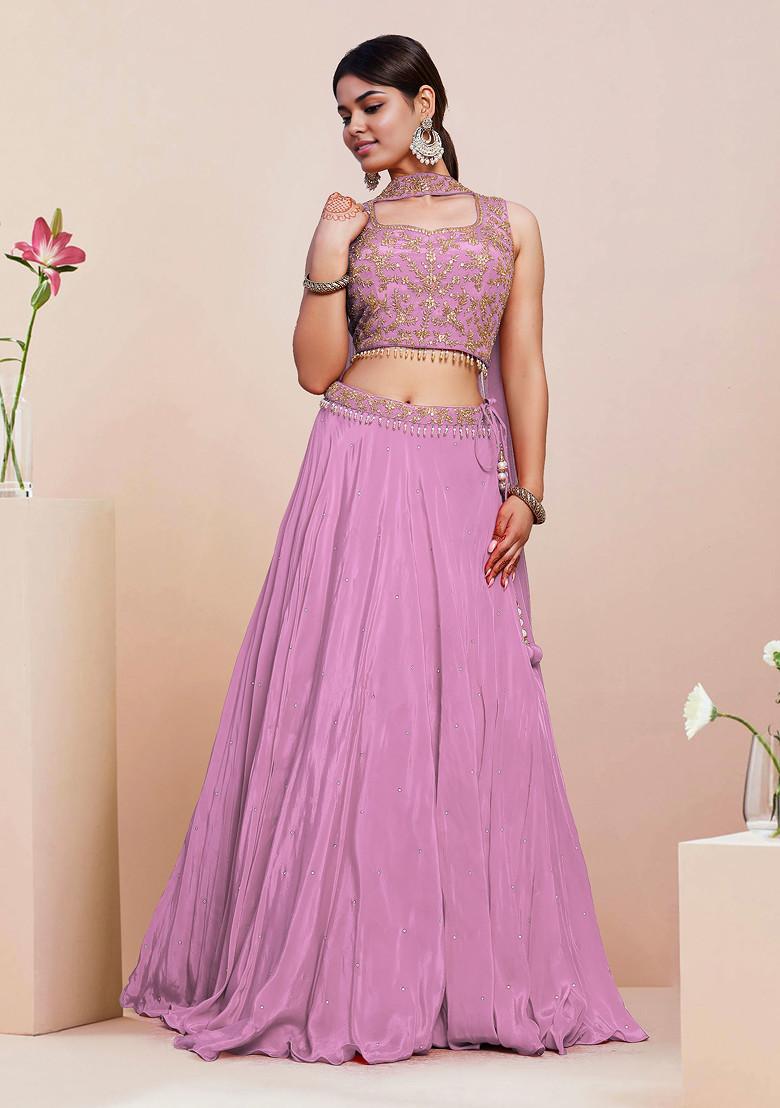 Pink Lehenga Set With Hand Embroidered Blouse And Dupatta